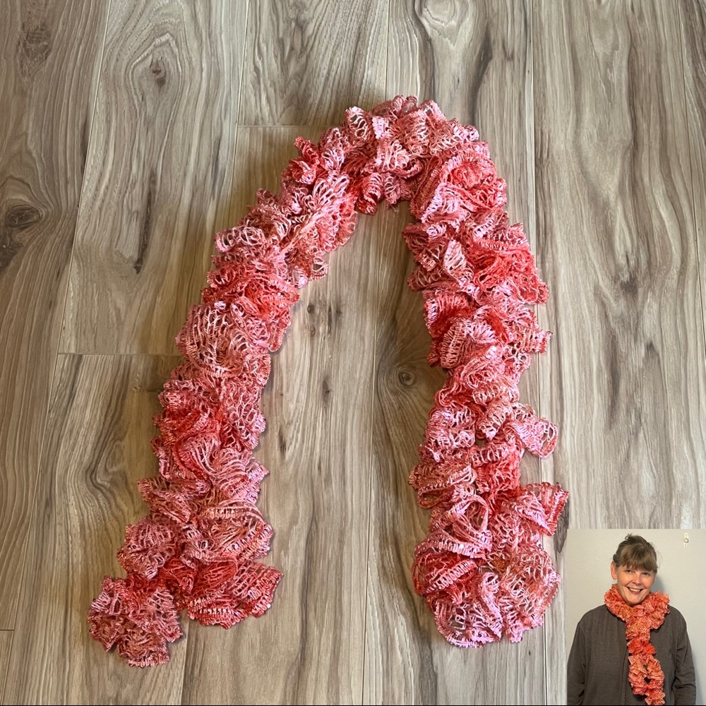 New Handmade Crochet Coral Colored Sequined Twirly Scarf 76” Long - Picture 1 of 14